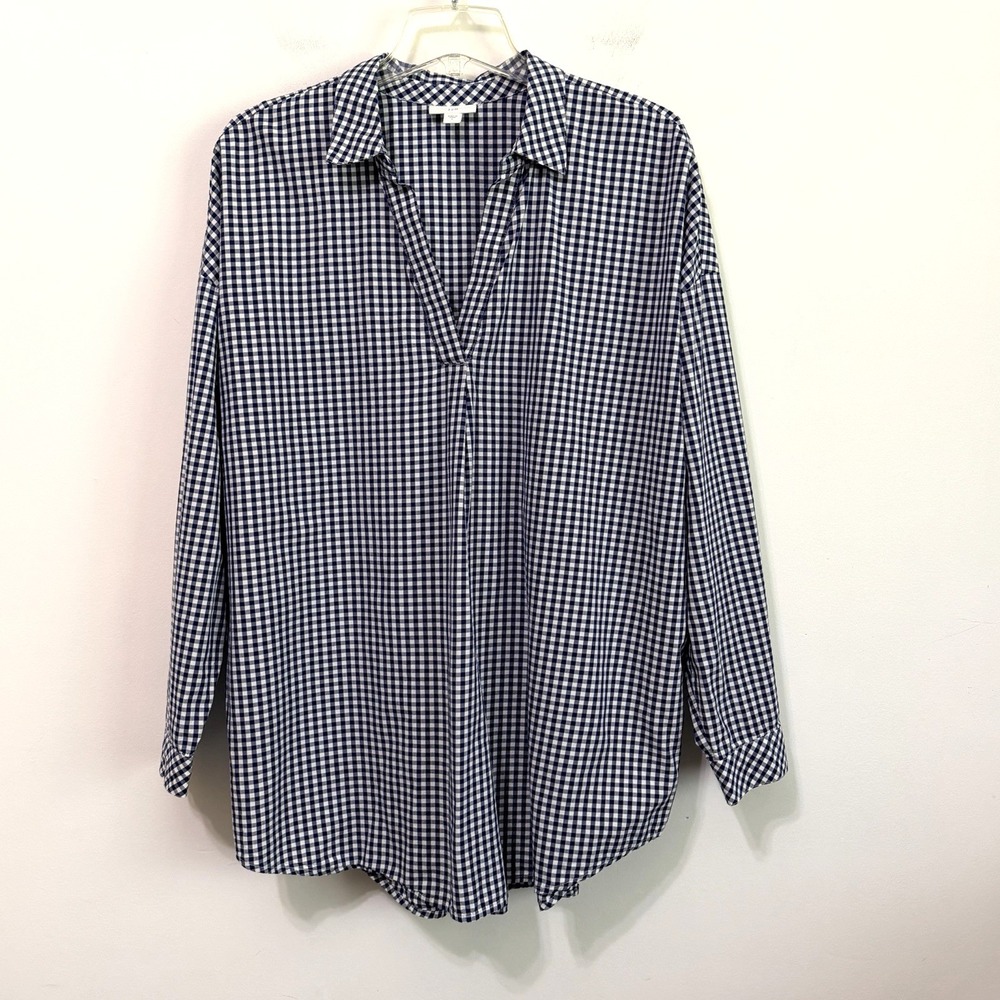 J Jill Gingham Tunic Popover Top L Navy Blue Nautical Preppy V Neck Long Sleeve